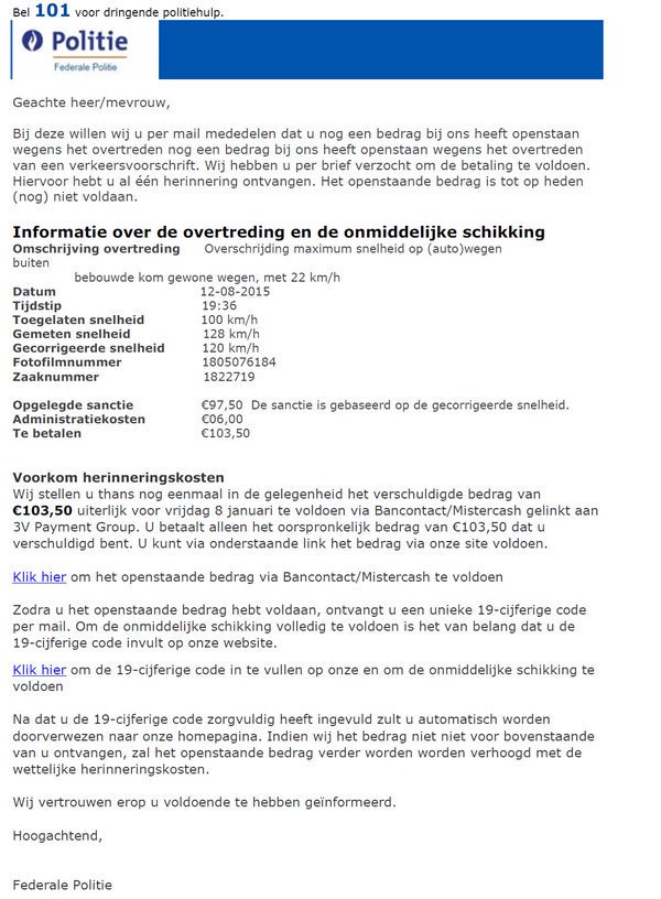 Politie_Rupel's tweet photo. Opgelet voor valse e-mail van de Federale Politie. Boetes worden nooit via mail verstuurd. #phishing https://t.co/8Kh60vtXri