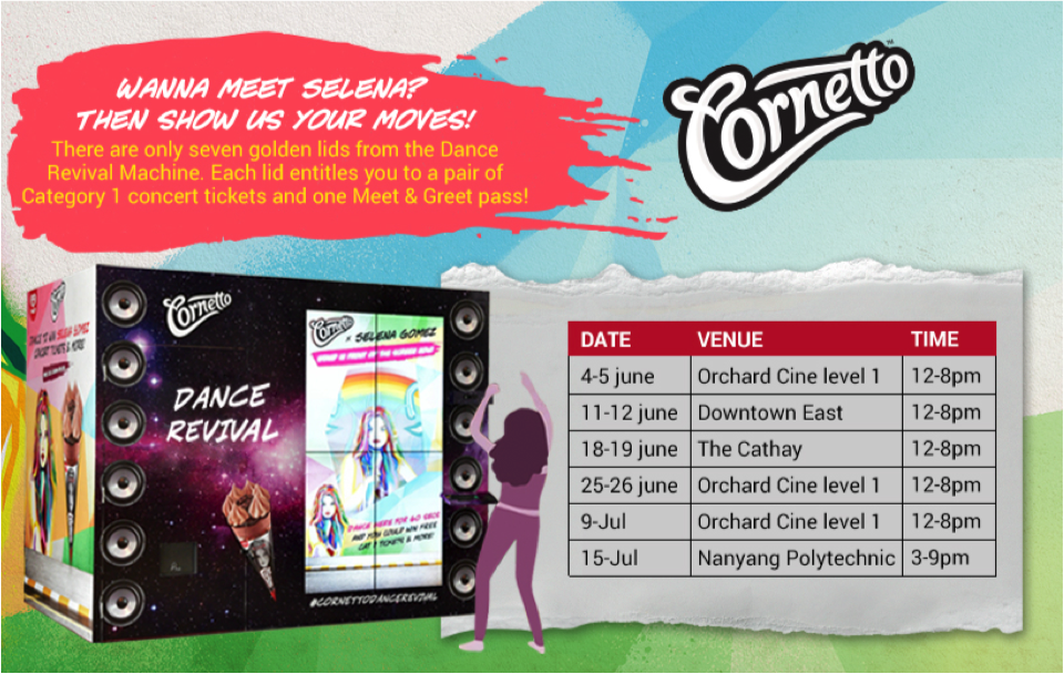 CornettoSG's tweet photo. Look out for our Dance Revival Machine at these dates and locations, and you could be meeting Selena Gomez! https://t.co/EUb6QF6h4B