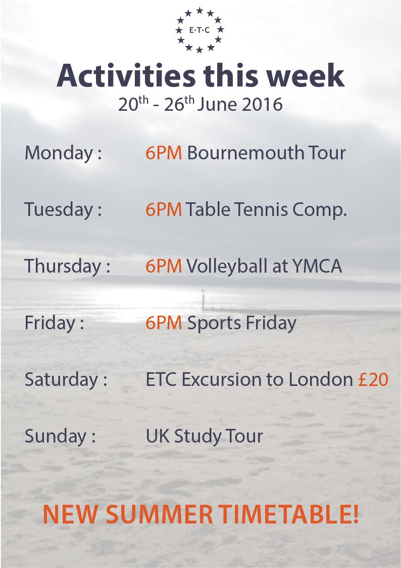 See the activities programme for this week! If you want to go to London on Saturday, book your place at reception!