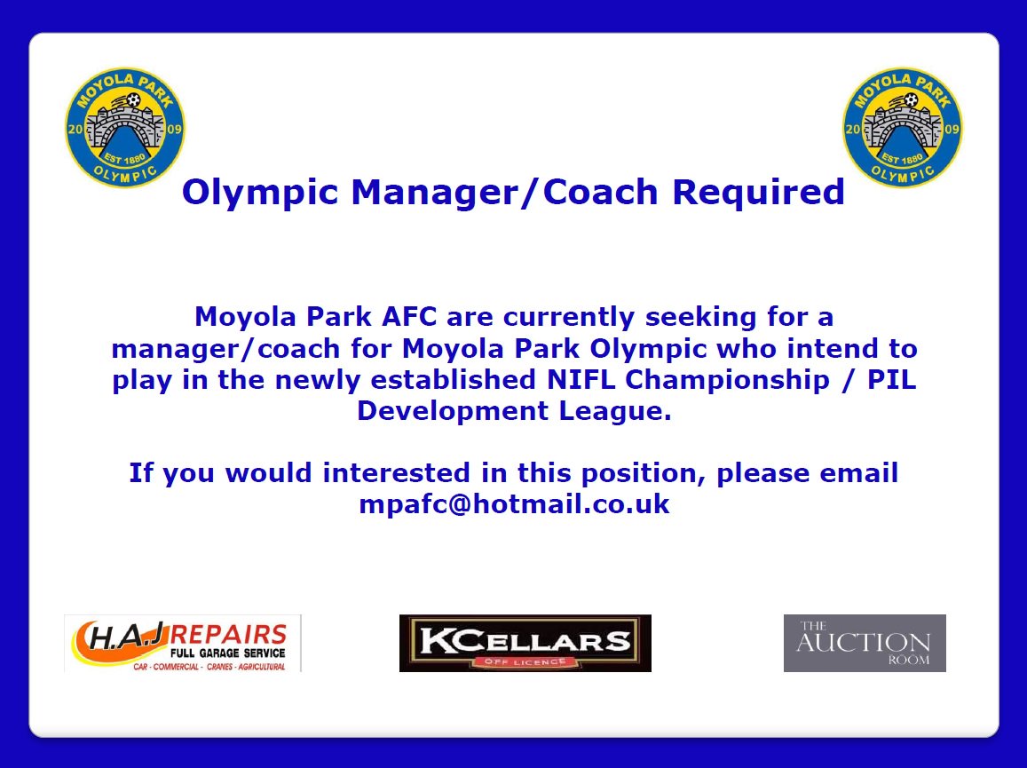 Moyola Park FC (@moyolaparkfc) on Twitter photo Manager/Coach Required for Reserve Team
<a href="/HAJREPAIRS/">Andrew Dempsey</a> @HenryGroupNI @IFACookstown <a href="/MidUlsterSport/">The Final Whistle</a> <a href="/MidUMail/">Mid-Ulster Mail</a> Manager/Coach Required for Reserve Team
<a href="/HAJREPAIRS/">Andrew Dempsey</a> @HenryGroupNI @IFACookstown <a href="/MidUlsterSport/">The Final Whistle</a> <a href="/MidUMail/">Mid-Ulster Mail</a>
