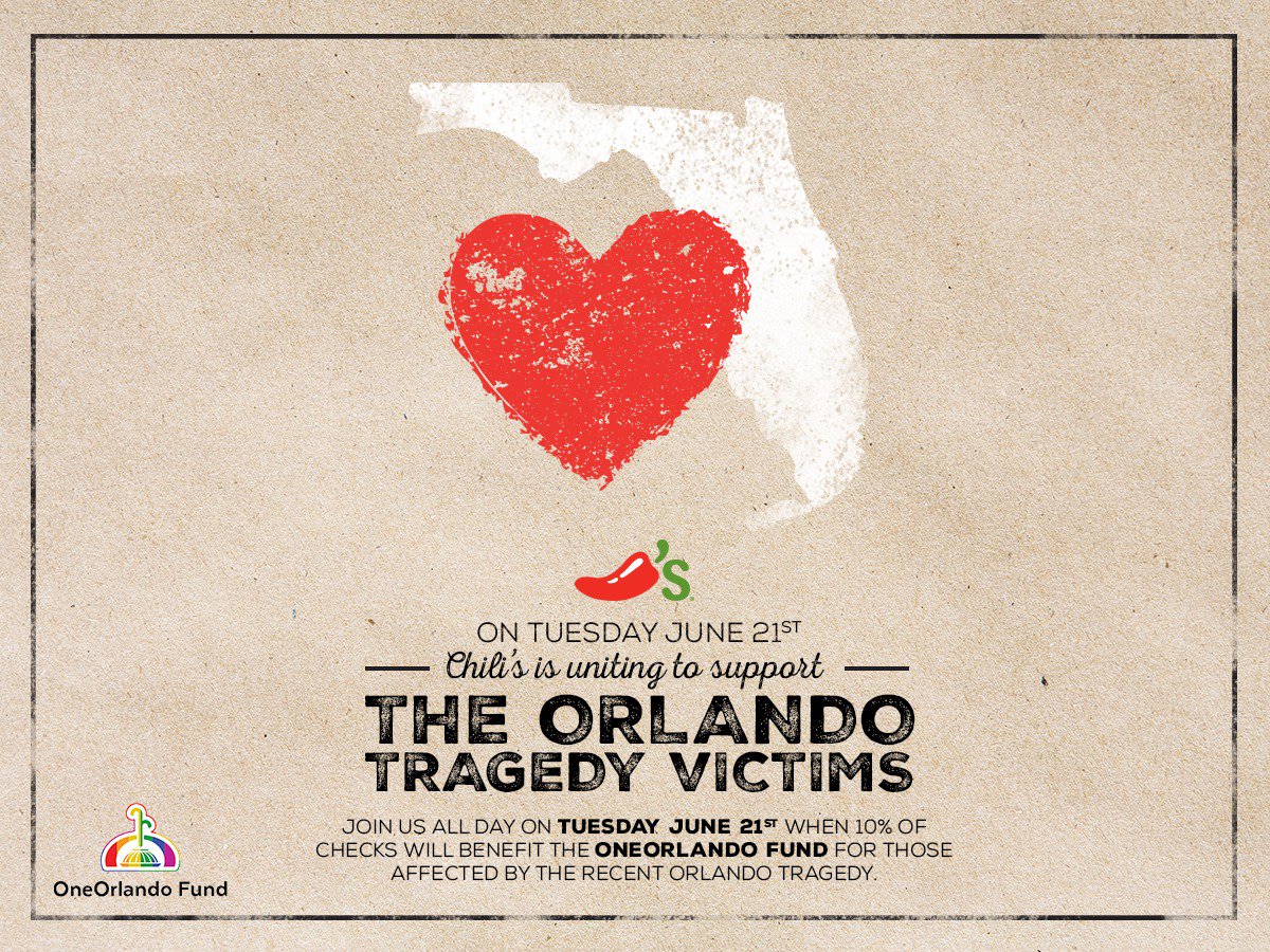 MichaelM3333's tweet photo. Head to your local Chili's today. 10% of checks will go to OneOrlando to help tragedy victims. https://t.co/mJCa4h0wV3