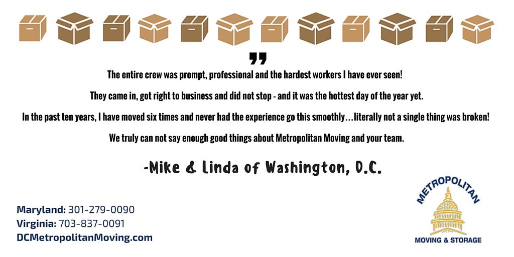 metromovingdc's tweet photo. We love hearing feedback from satisfied clients! TY Mike &amp; Linda for your testimonial on your recent #move with us. https://t.co/sBmBZAl0Ro