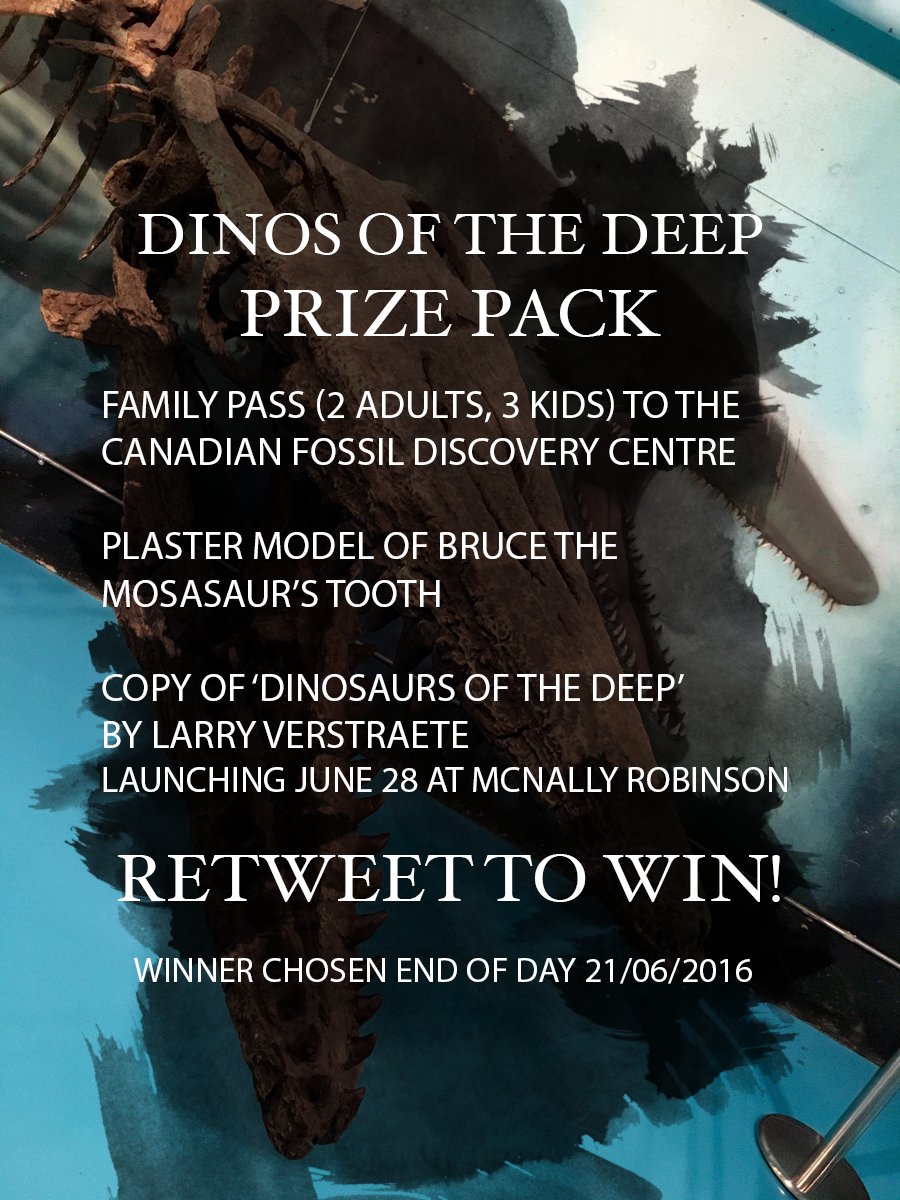 TravelManitoba's tweet photo. RETWEET to win Dino-riffic prizes: Passes to @discoverfossils, a copy of Dinosaurs of the Deep &amp; a mosasaur tooth! https://t.co/ZS12ntRPxE