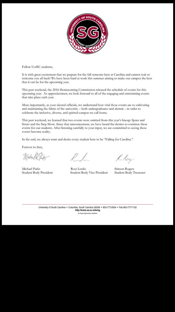 For immediate release: Official statement from <a href="/UofSCSG/">UOFSC STUDENT GOVERNMENT</a> regarding <a href="/USCHomecoming/">USC Homecoming</a>