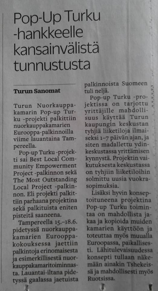 jciturku's tweet photo. Turun Sanomat 21.6.2016 s. 24, Pop-up Turku -hankkeelle kansainvälistä tunnustusta #jciturku #popupturku #jciec2016 https://t.co/k3B9HDYVxx