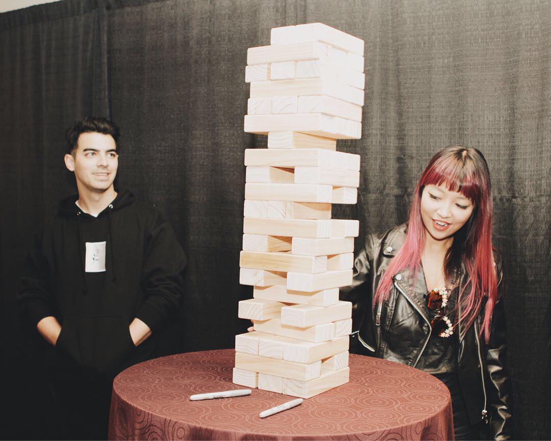 TeamDNCE's tweet photo. @philymack via instagram : By the end of the #revivaltour these guys will probably be Jenga experts. https://t.co/tiJkR6J5wD