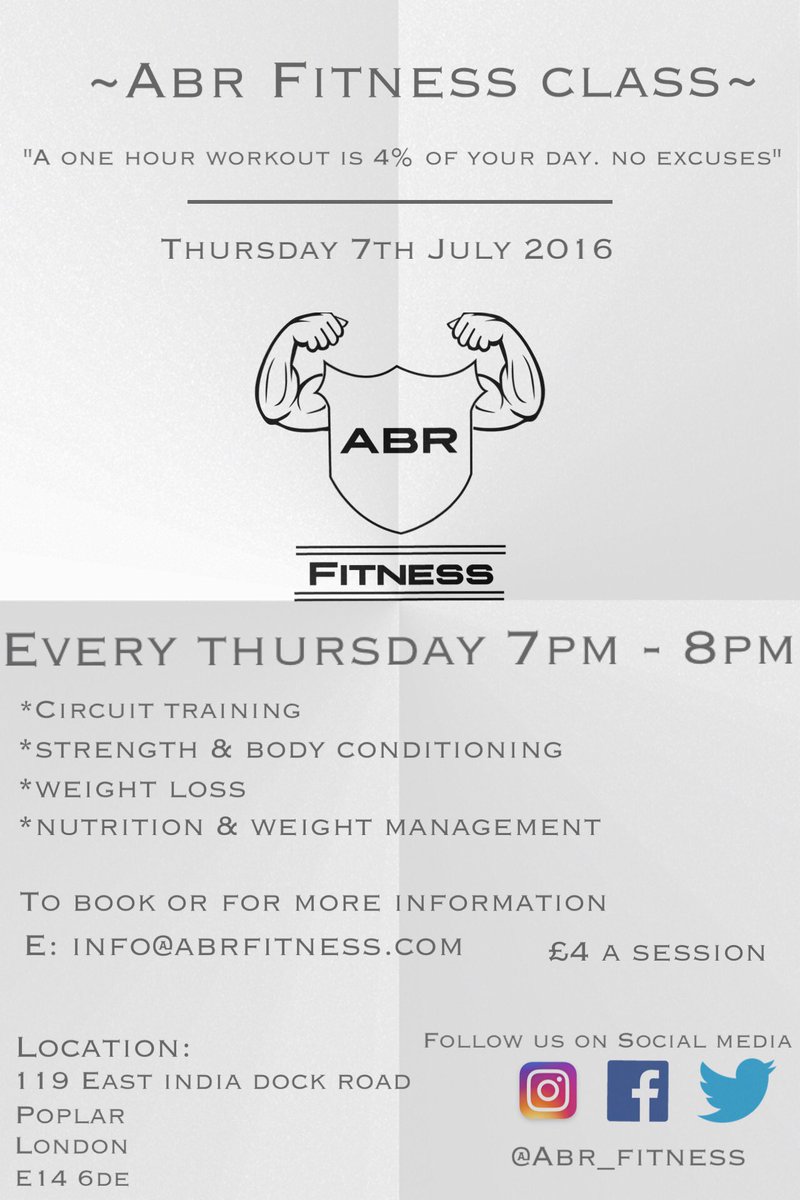 Thursday 7th July 2016 in Poplar!! All fitness levels are welcomed to book/confirm email info@abrfitness.com