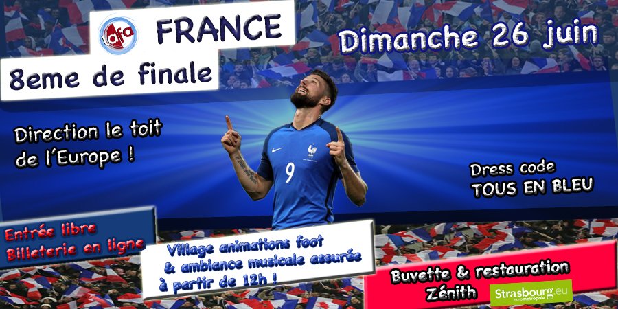 Rdv au <a href="/Zenith_Europe/">Zénith Strasbourg</a> dimanche pour encourager les bleus! Télécharge ton billet gratuit ici: stras.me/euro2016