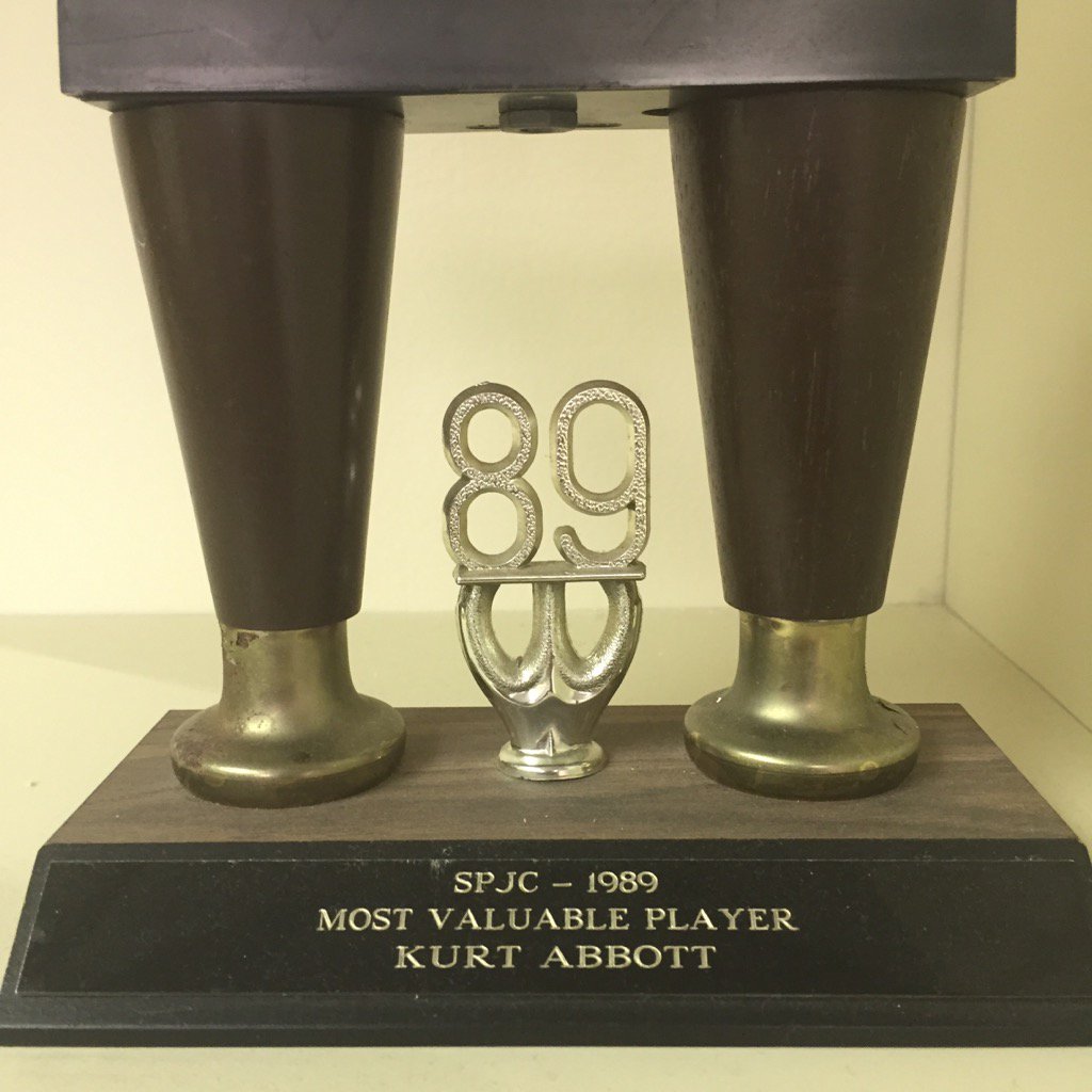 spcbaseball's tweet photo. Came across #titanalum Kurt Abbott's MVP trophy in the schools trophy case. #mlbguy #worldserieschampion #1989 https://t.co/8nxMftgJcj