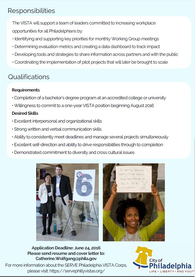 PHLfamilies's tweet photo. Apply today to become an @AmeriCorpsVISTA. More positions are open at: https://t.co/ezE6tM4RTC @servephlvistas https://t.co/gyGXvkDXuI