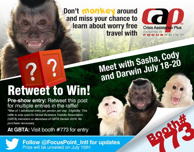 FocusPoint_Intl's tweet photo. No monkeying around; we're heading to #GBTA2016 to launch #CAP! RT for a chance to win #travelwithCAP @GlobalBTA https://t.co/ongV1m5gKI