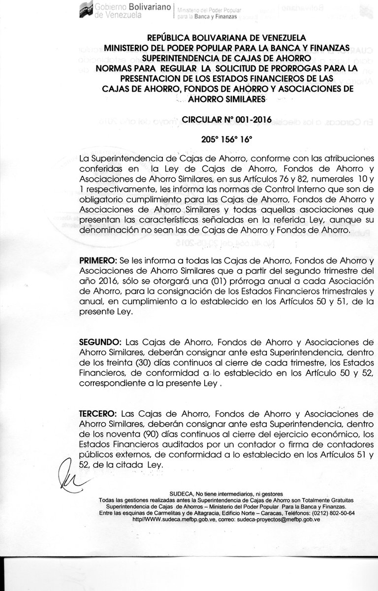 SudecaF's tweet photo. Circular 0001-2016, "Normas Para Regular la Solicitud de Prorrogas para La Presentación de los Estados Financieros" https://t.co/o3XdEt36Zf
