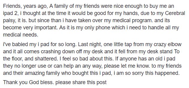 John_Bullard's tweet photo. In need of #iIPAD help is appreciated #CerebralPalsy Please read and #RT https://t.co/bmBV05Zudu