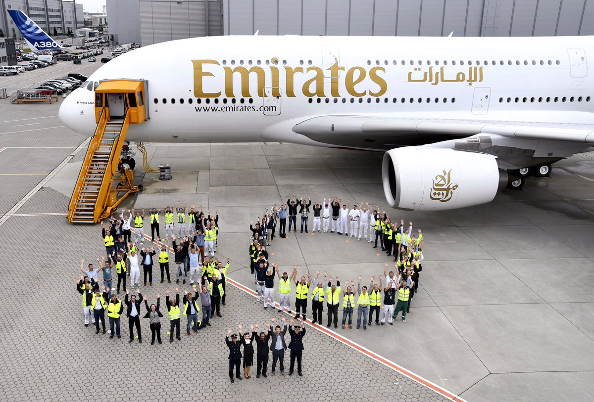 Airbus's tweet photo. Thrilled to see the family growing! Congratulations to @emirates on the delivery of their 80th #A380! ✈️ https://t.co/MKjWTEWz8b