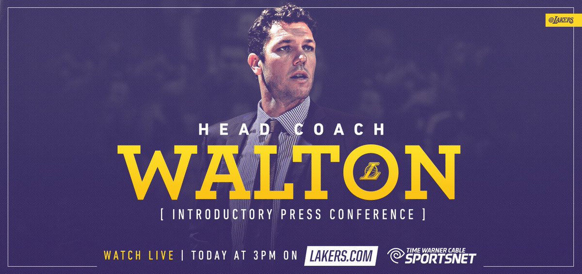 Lakers's tweet photo. Watch Luke Walton's introductory press conference live today at 3pm PT on @TWCSportsNet &amp; https://t.co/U97mTRLR2f! https://t.co/21XCONztz6