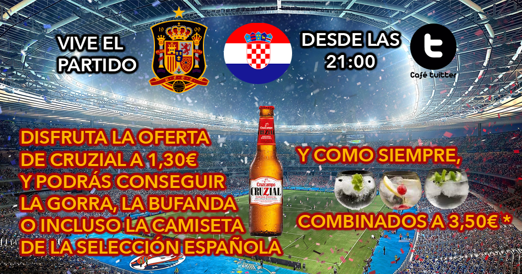 cafe_tuitter's tweet photo. ¿España acaba la fase de grupos y te lo vas a perder? Tu Cruzial a 1,30€, y, como siempre, los combinados a 3,50€. https://t.co/nn015nc3Bv