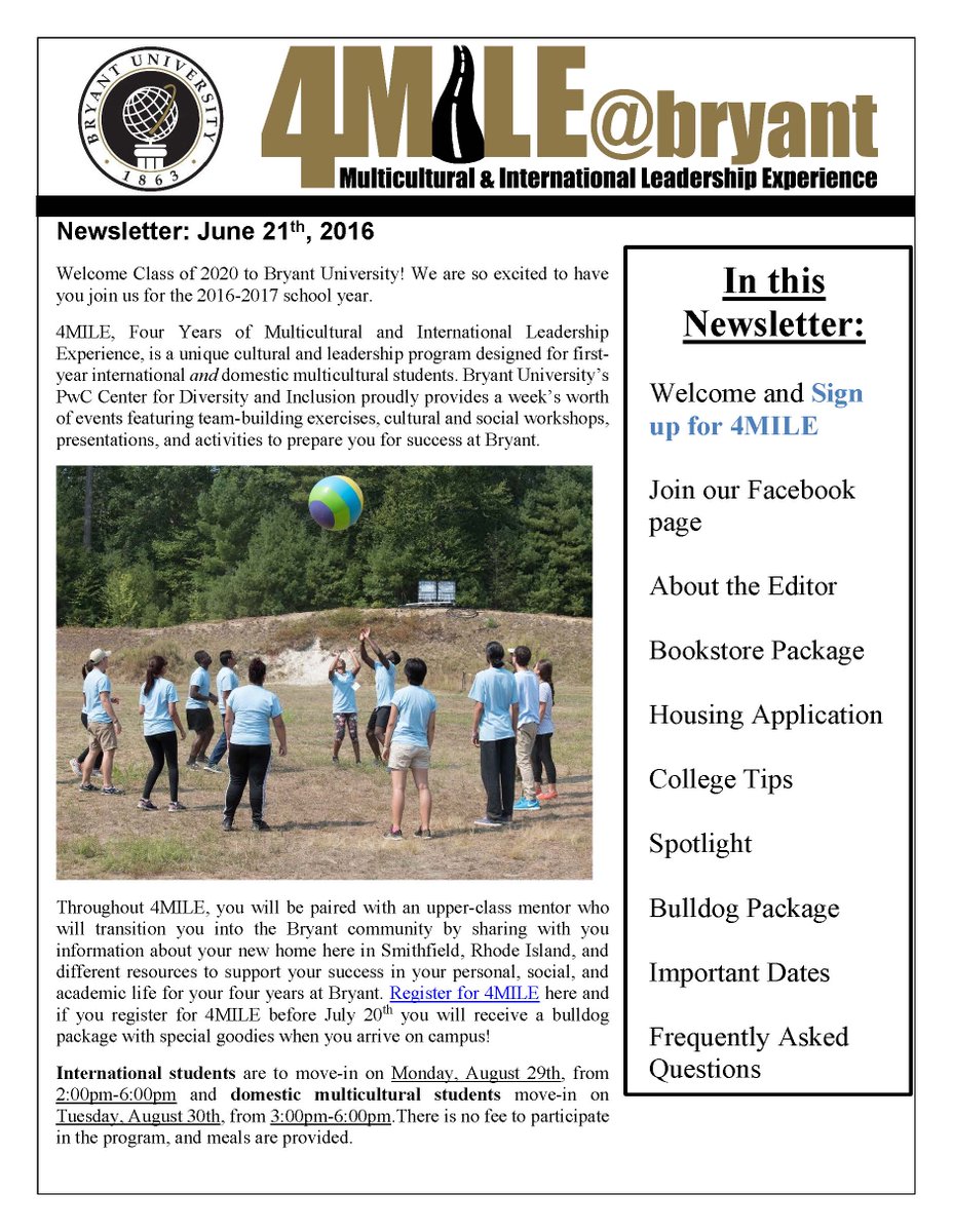 Join our 4MILE@Bryant 2016 Facebook page for updates and check out our 4MILE Newsletter!!