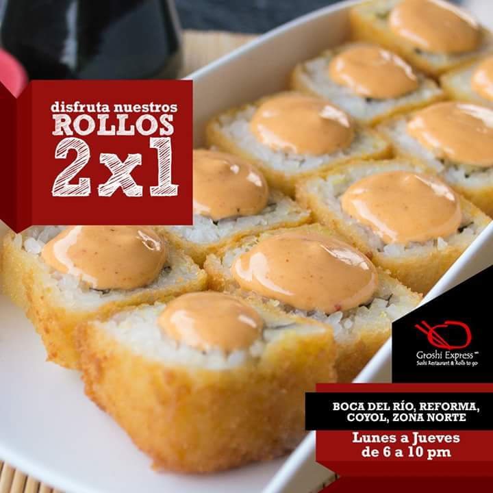 GroshiExpress's tweet photo. ROLLOS 2X1 DE LUNES A JUEVES DE 6 A 10 PM EN LAS SUCURSALES: REFORMA, URANO, ZONA NORTE Y COYOL #GroshiExpress https://t.co/9jQzpgzKZa