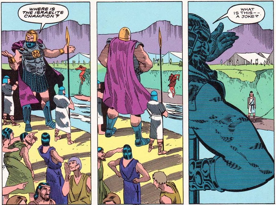 ComicBookBible's tweet photo. The Philistine said to David, “Am I a dog, that you come to me with sticks?”...1 Samuel 17:43 #bibleverse #comics https://t.co/oW7ZTIvbhw