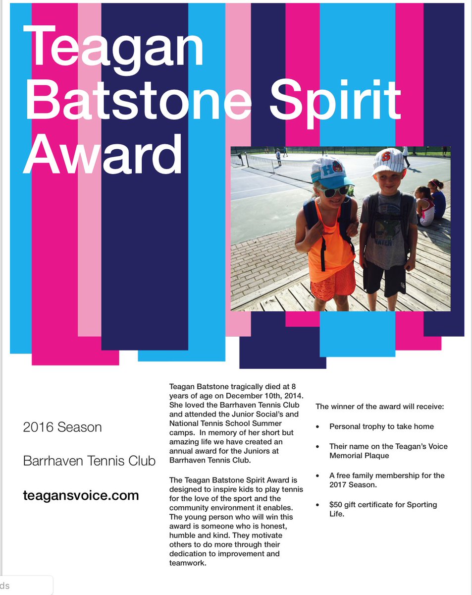 So excited about the 2016 Teagan Batstone Spirt Award <a href="/barrhaventennis/">BTC</a>! The club was a summer highlight for her!