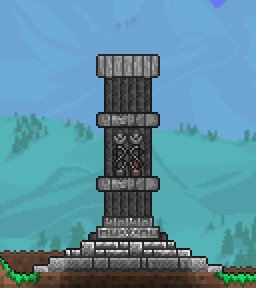 テラリアのおっさん Rulick15氏の柱の建築解析です 背景壁はebonwoodwall 上から パールウッドバスタブ テレポータバグ使用 スラブ ボーリアルランプ オフ 金バスタブ 錫レンガ エボンストーンレンガです 英語文字数使いすぎ