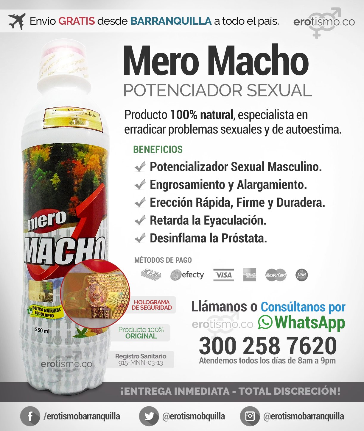 ErotismoBarranquilla on X: MERO MACHO ORIGINAL, Erecciones rápidas,  fuertes y duraderas. DOMICILIOS WhatsApp 300 258 7620   / X