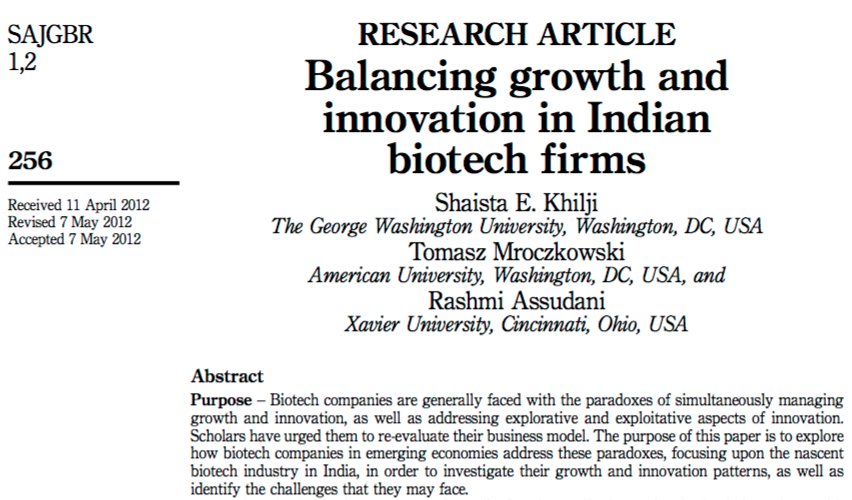 #ArticleSpotlight on Balancing #growth and #innovation in Indian biotech firms. emeraldinsight.com/toc/sajgbr/1/2 #SAJGBR