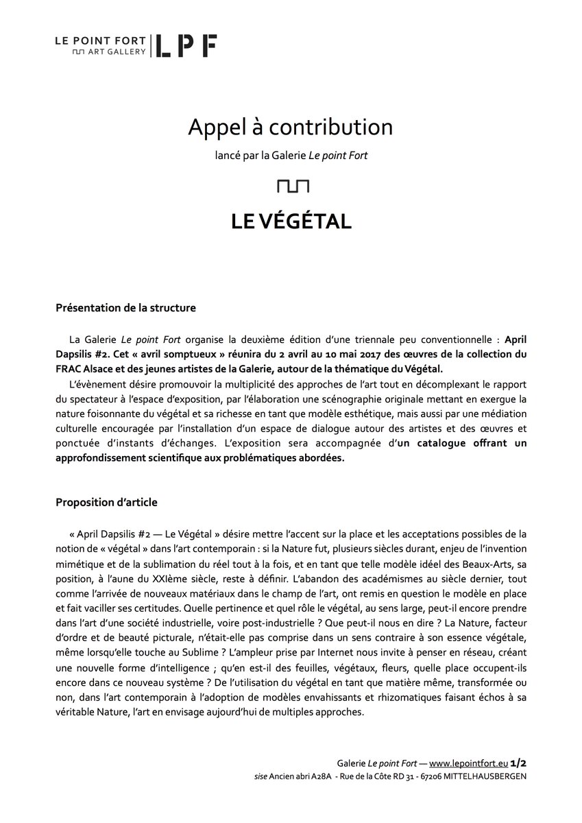 lepointfort's tweet photo. Appel à articles pour le catalogue de l'exposition de la Galerie LpF "Le Végétal" avec le FRAC Alsace. Intéressés ? https://t.co/XLaQ28xFcj