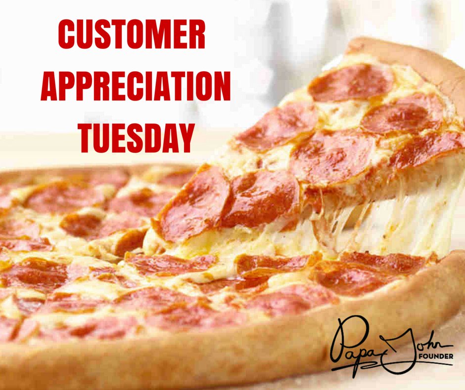 Take advantage of #CustomerAppreciation Day every Tuesday &amp; order up any #pizza, up to 5 toppings for only $11.99!