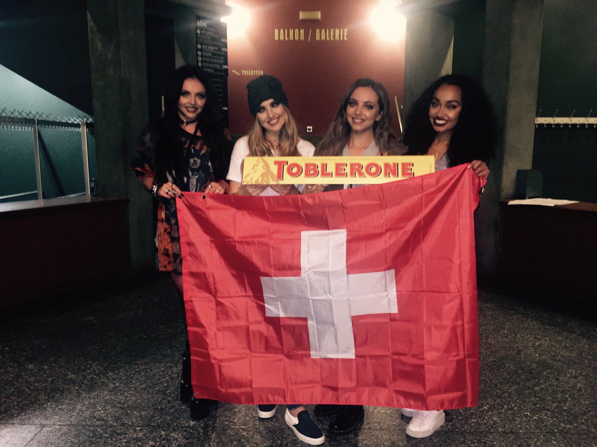 LittleMix's tweet photo. We'll try not to eat the whole thing before the show tonight 🍫🐷🇨🇭 #GetWeirdTourZurich let's doooo this 💃 x the girls https://t.co/zPYN6bupMh