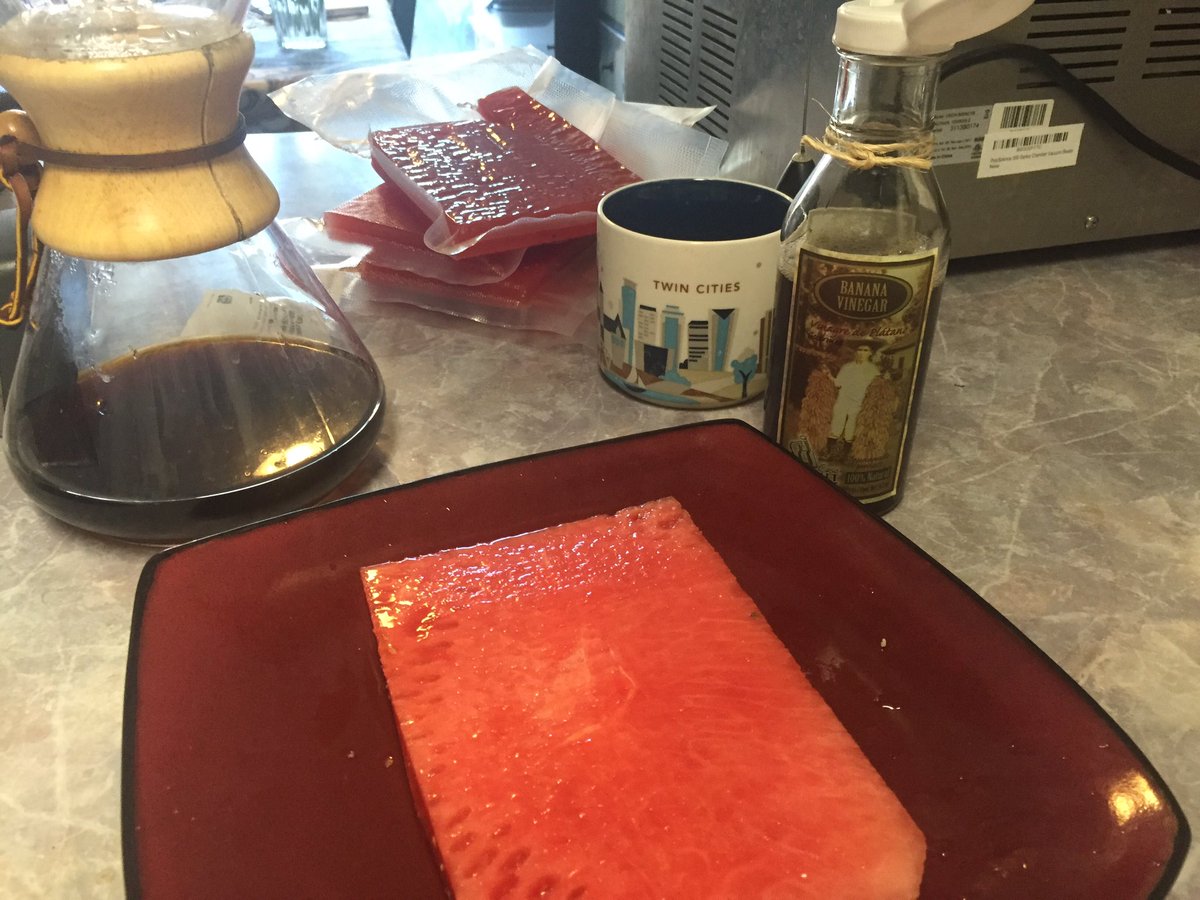 ChefStevieT's tweet photo. Playing around with banana vinegar from @RanchoGordo @CasaStivalet #CompressedWatermelon https://t.co/YRLdtHQvbi