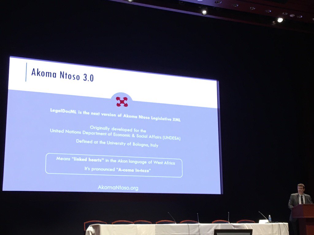 atweber's tweet photo. At #LDTC1 @grantcv1 describes how #LegalDocML is on the verge of becoming a standard. #AkomaNtoso https://t.co/LjYPFIpI1u