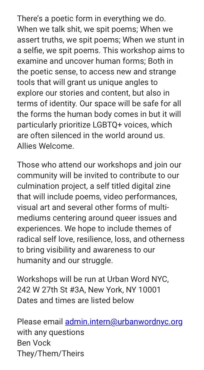 urbanwordnyc's tweet image. Teens poets ages 13-19! Join us today 4:30-6:30 as we kick off our first #HumanForms workshop w/ Ben Vock! #LGBTQ+