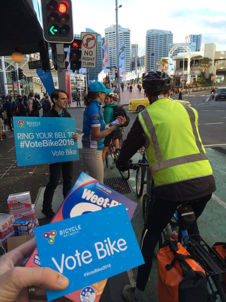 bicycle_network's tweet photo. We were out in Melb & Sydney this morning driving support for #VoteBike2016 #ausvotes https://t.co/dyGOHNueO0 https://t.co/A3atlykrvM
