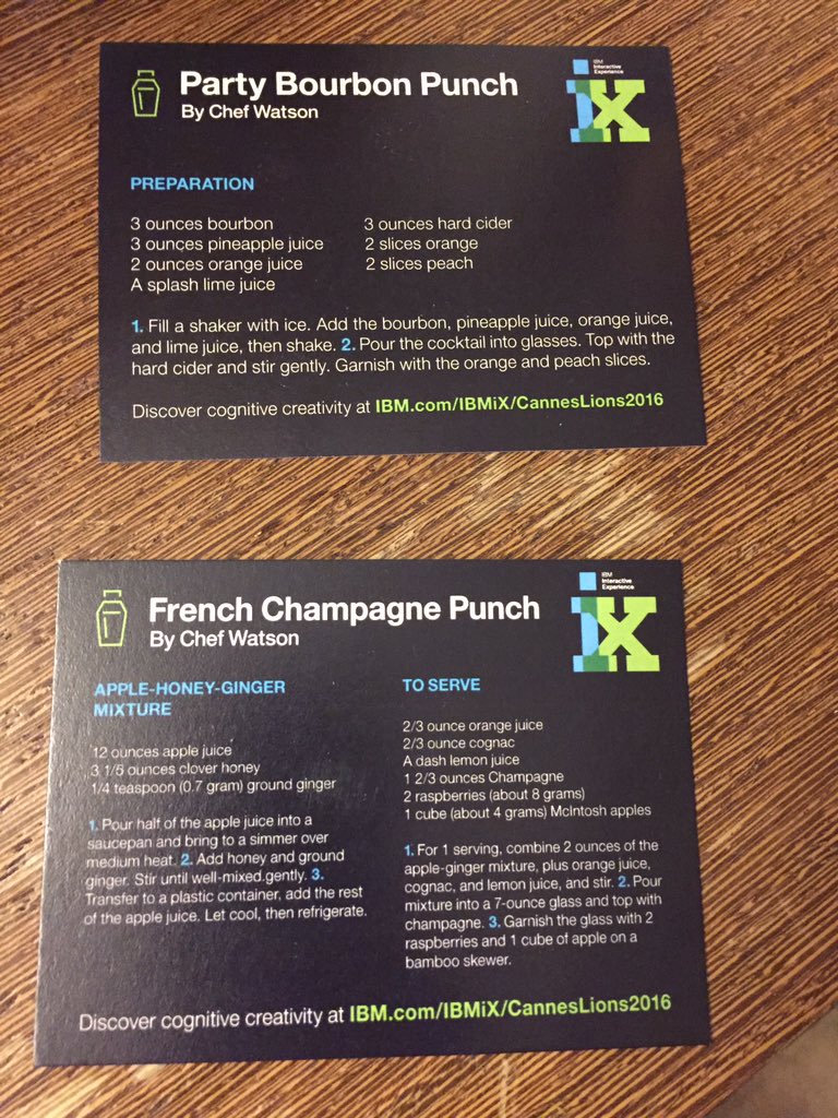 matthewcandy's tweet photo. Watson's been busy preping cognitive cocktails. #cognitivecreativity @IBMWatson @ibminteractive #IBMiX #CannesLions https://t.co/3urA3CCpby