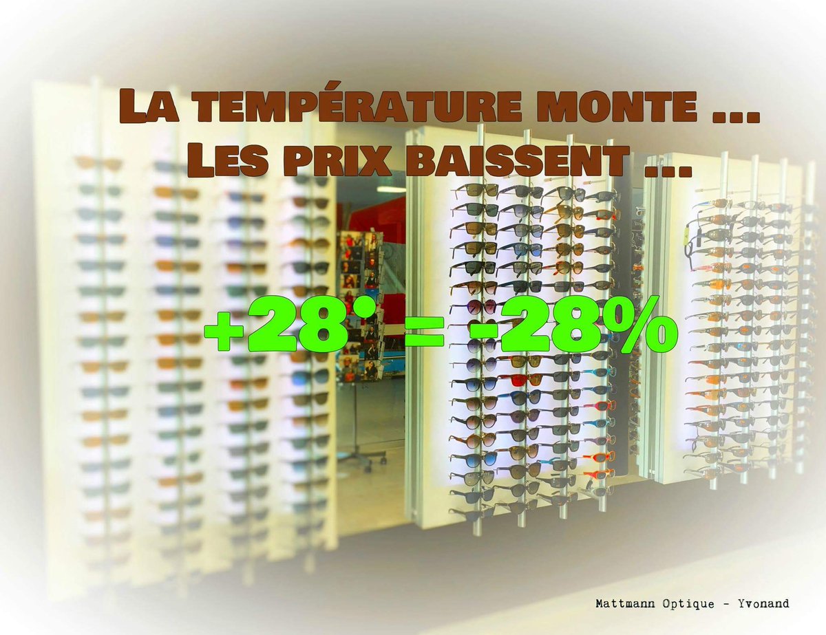 MattmannOptique's tweet photo. Le 22 juin 2016 Météo Suisse prévoit 28 degrés à #yvonand ! 28% de rabais sur les #lunettes de #soleil . https://t.co/0m1X0ZtHnd