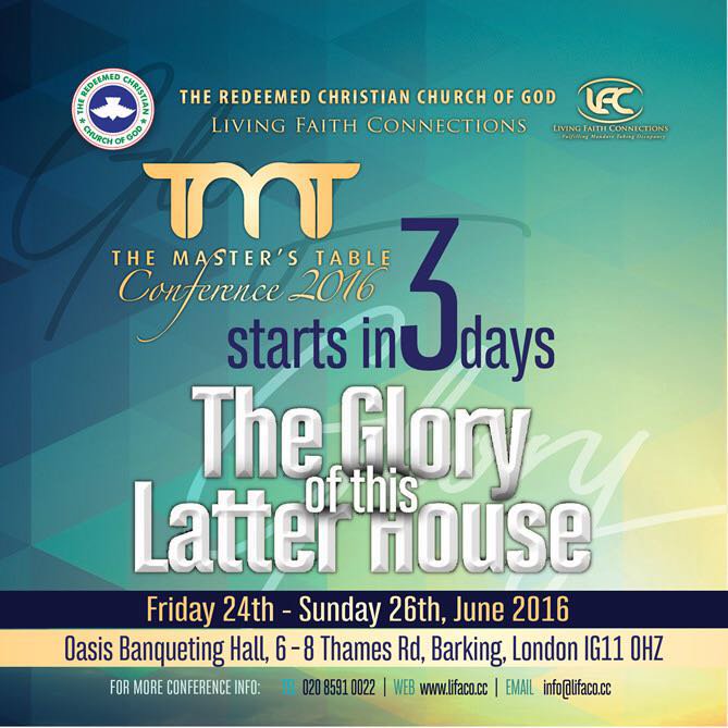 rccglivingfaith's tweet photo. Its almost here People!!! #3days to #TMT2016.... A conference fully loaded!!
this Fri 24th - Sun 26th June 2016. https://t.co/LnqYMVTy2o