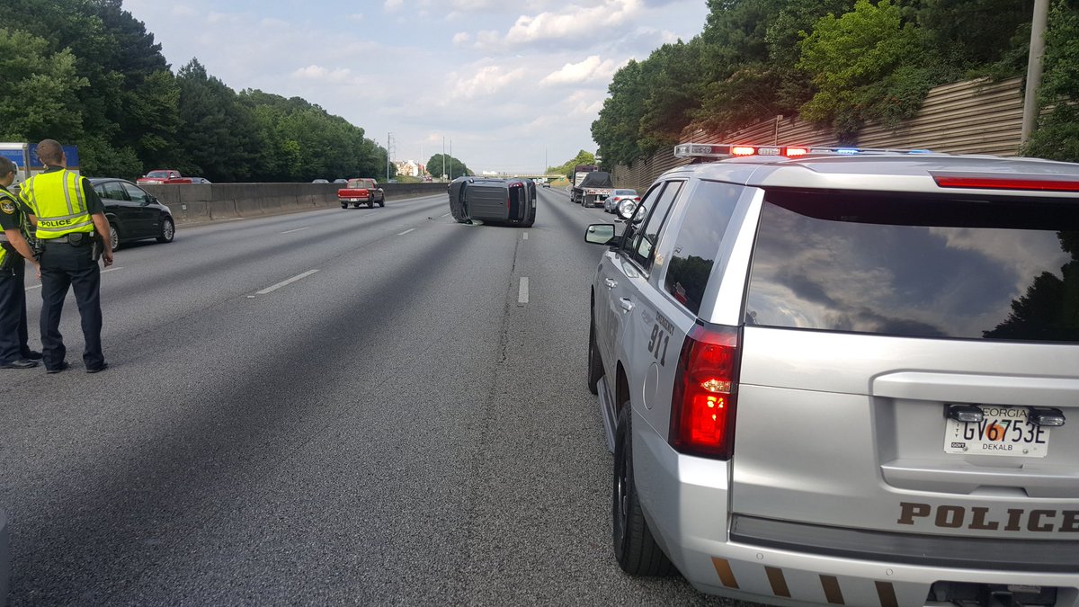 Three center lanes are blocked on I-285 EB at Chamblee Dunwoody Rd for an overturned vehicle accident. #ATLtraffic