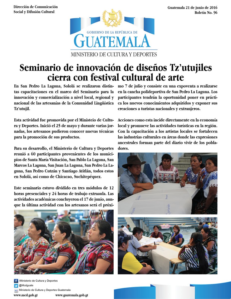 TelediarioGT's tweet photo. Seminario de innovación de diseños Tz'utujiles cierra con festival cultural de arte-►
Vía. @McdGuate https://t.co/CZATFR4Sgh