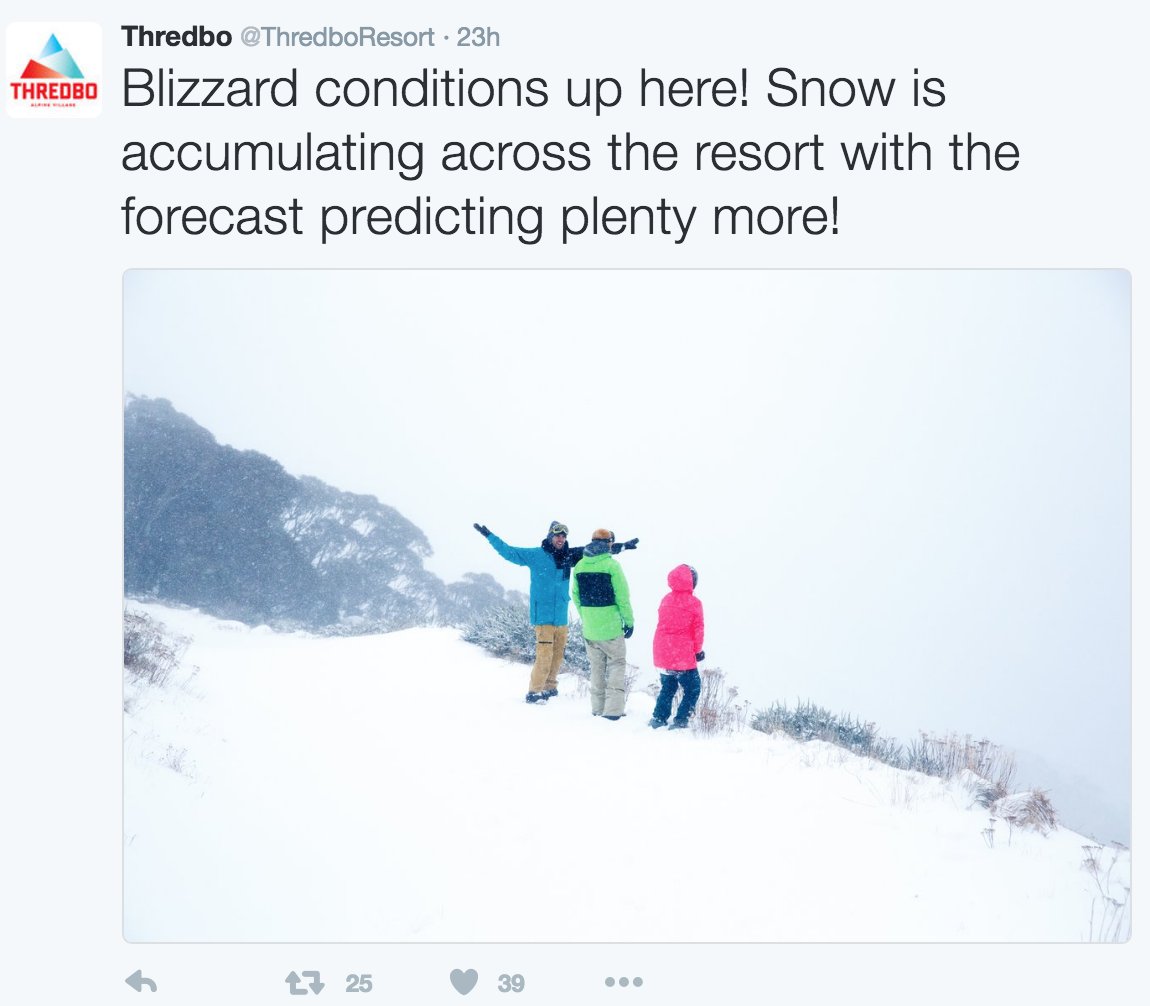 Snow up top, rain in the village, thinks are looking up. Its not exactly a blizzard <a href="/ThredboResort/">Thredbo</a> bit of a lie