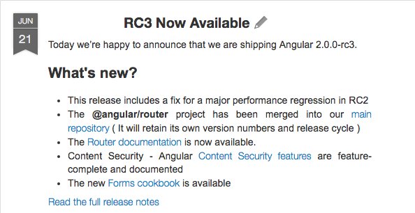 angular's tweet image. Can it be? Yes, it's RC3! Fixes RC2 performance, better docs for Security, Router, Forms. angularjs.blogspot.com/2016/06/rc3-no…