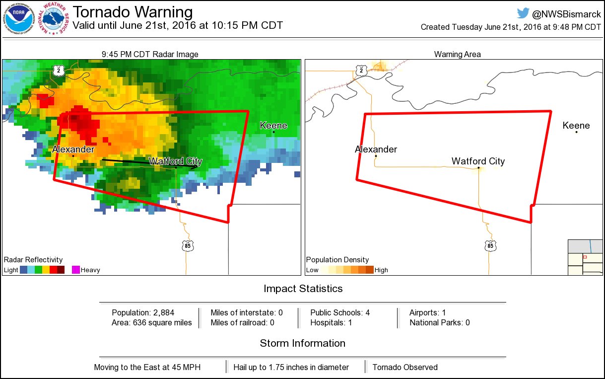NWS Tornado on Twitter "⚠️ Tornado Warning including Watford City ND