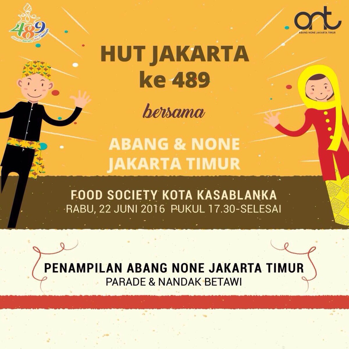 Selamat Ulang Tahun Jakarta!
Akan ada penampilan para Abnon Jakarta Timur 2016. Jgn sampai ketinggalan ya BangNon 😉