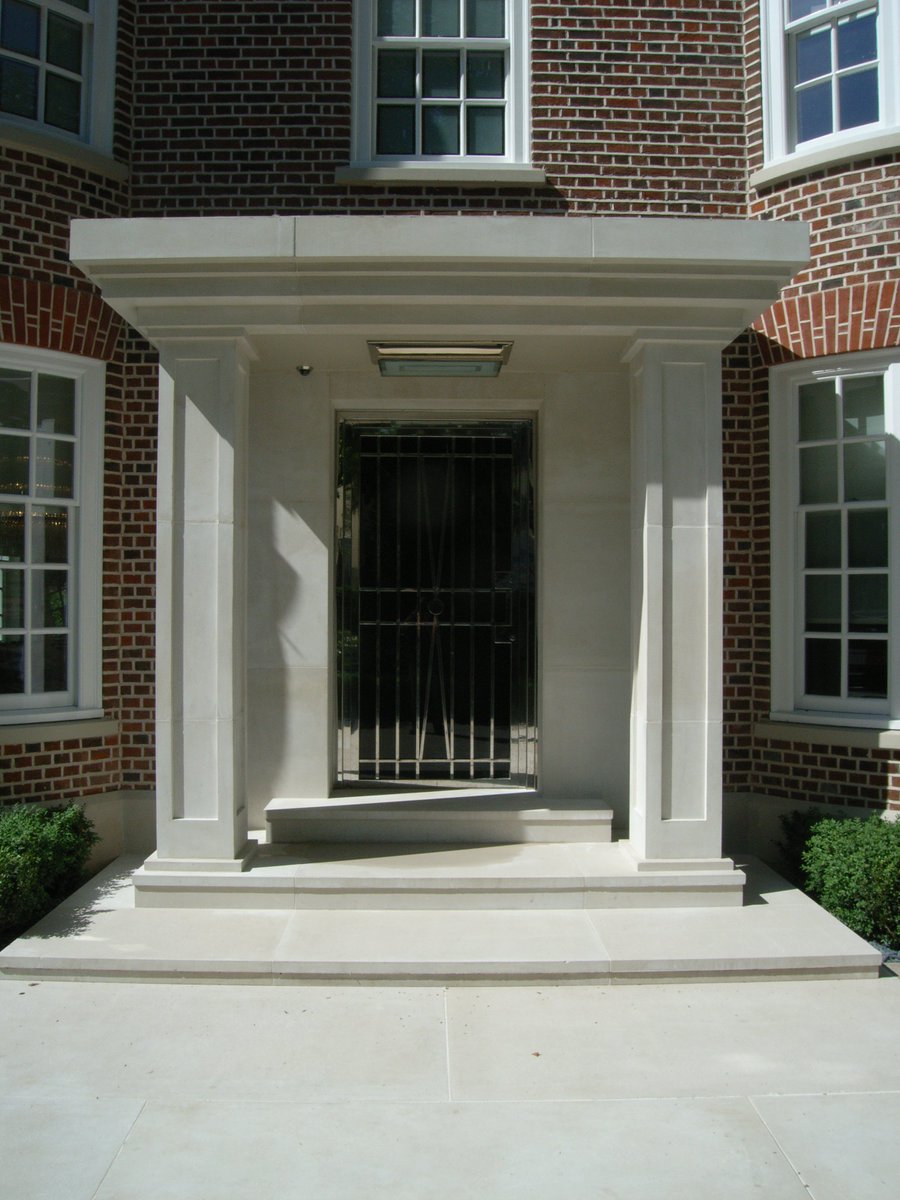 KeyStonework's tweet image. Bespoke Wet-Cast Portland Portico for private house in NW1 London, including square edged treads and infill paving.