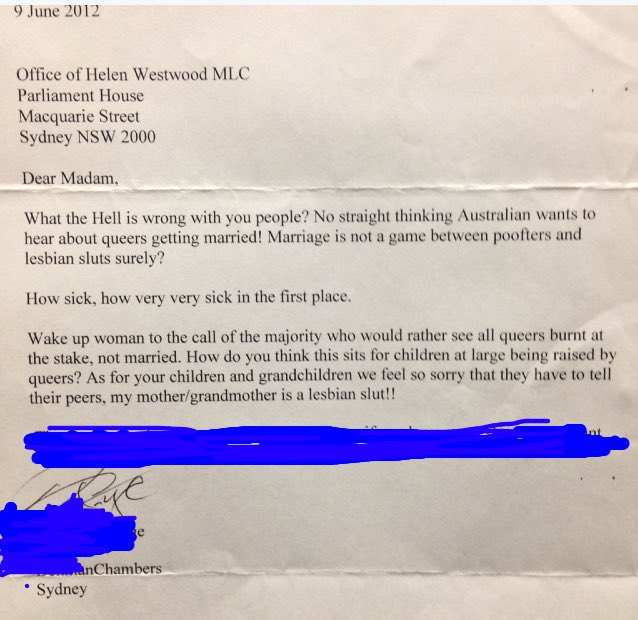 HelenWestwoodAM's tweet photo. Doubt ScoMo has rec'd #hateletter like this I rec'd as gay MP when I spoke on SSM in NSW Upper House #scomophobia https://t.co/2VsZCh7qox