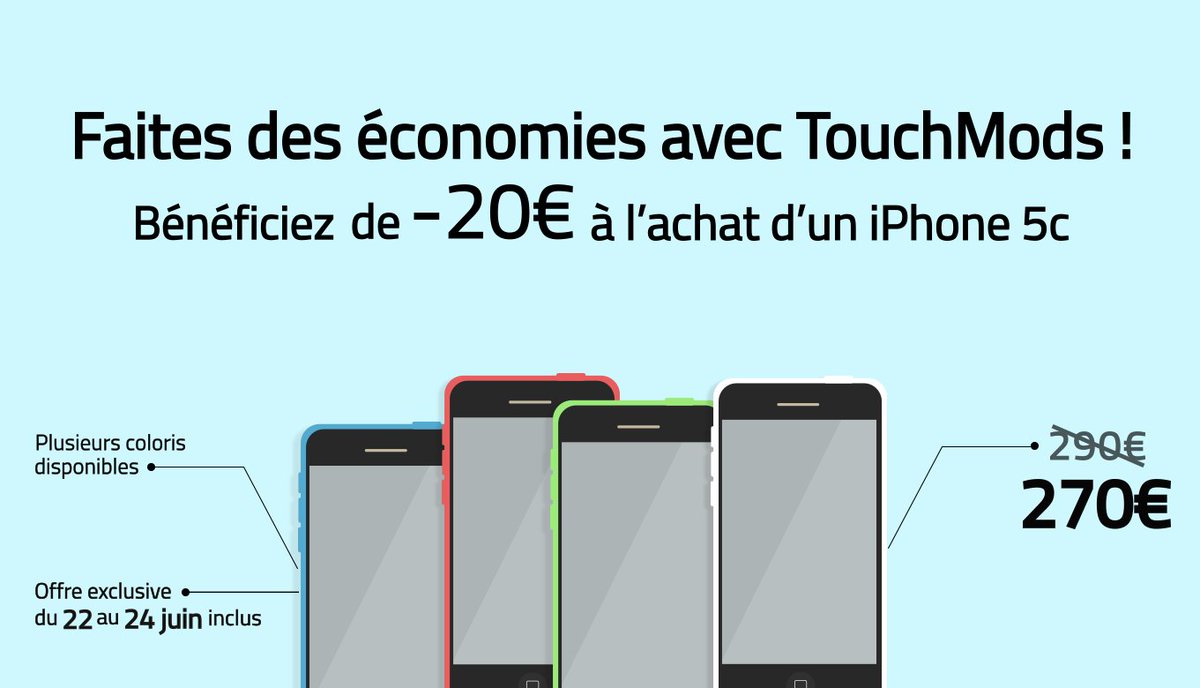 TouchMods's tweet image. Economisez 20€ à l'achat d'un iPhone 5c neuf sur TouchMods ow.ly/7oq9301hHoF !  #iPhone #apple #promo