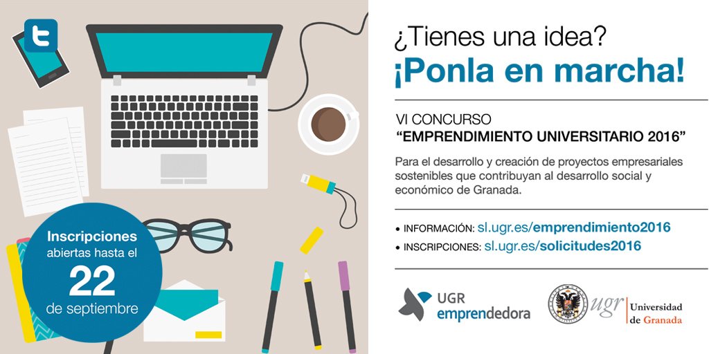 CanalUGR's tweet photo. Si tienes una idea, ahora es el momento de ponerla en marcha ¡VI Concurso de Emprendimiento Universitario 2016! https://t.co/MwckSdP4gU
