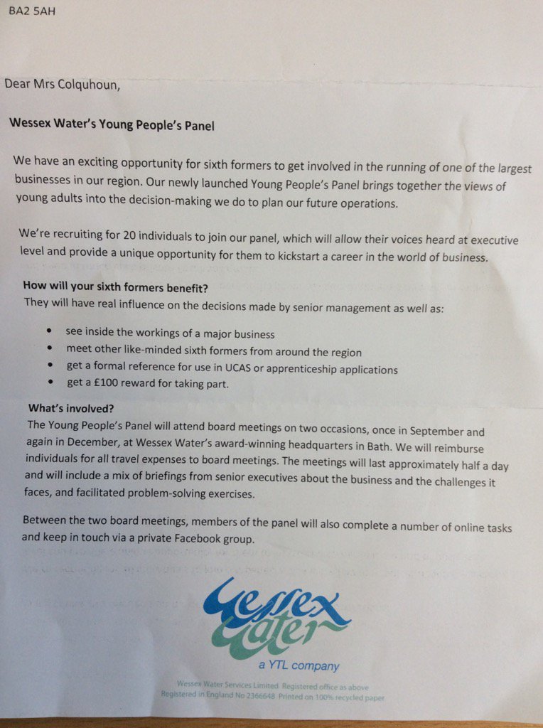 SarahMcCurdie's tweet photo. @rubyymcc Interested in an exciting opportunity at Wessex Water? See Mrs C or the Business department for details. https://t.co/lzNyM56aYM”