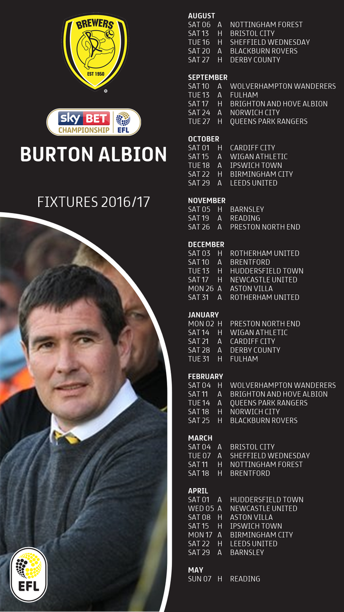 Burton Albion FC on Twitter: "FIXTURES: Here's the #BAFC 2016/17 fixtures  in full.. https://t.co/vzHFTuH60A" / Twitter