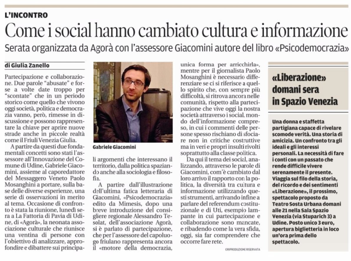 Oggi sul Messaggero Veneto. Come i social cambiano la politica <a href="/paolomosanghini/">Paolo Mosanghini</a> <a href="/tesolat/">Alessandro Tesolat</a> <a href="/GiuliaZanello/">giulia zanello</a>